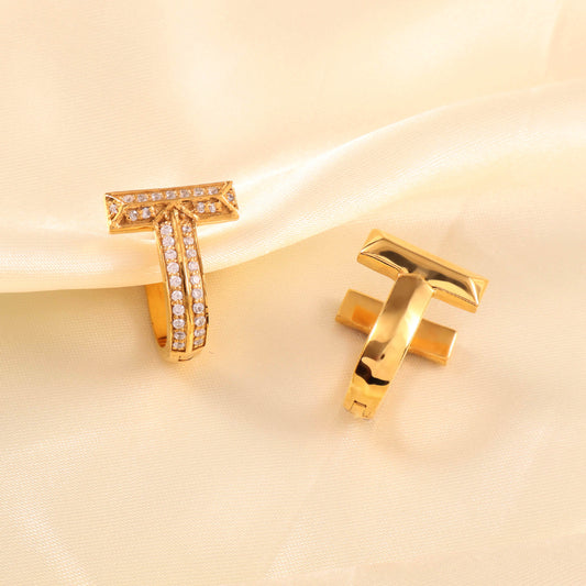 14k Gold Plated T Stud Earrings with CZ Stones | Brass Jewelry (30mm x 20mm)