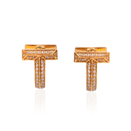 14k Gold Plated T Stud Earrings with CZ Stones | Brass Jewelry (30mm x 20mm)